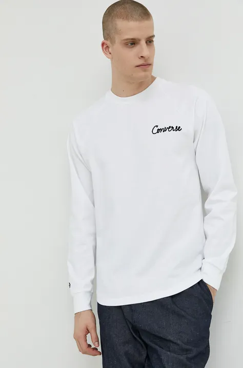 Bavlněné tričko s dlouhým rukávem Converse bílá barva, s aplikací
