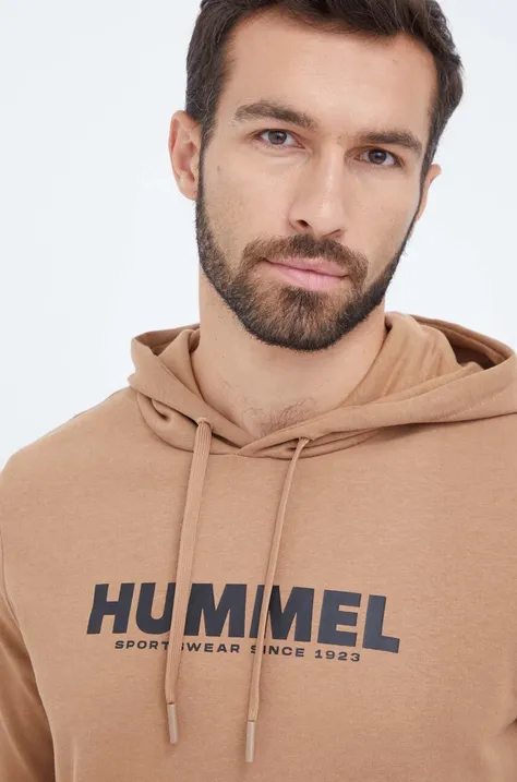 Hummel bluza bawełniana męska kolor beżowy z kapturem z nadrukiem