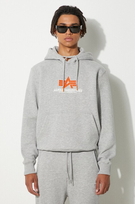 Mikina Alpha Industries pánska, šedá farba, s kapucňou, s potlačou