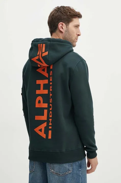 Dukserica Alpha Industries za muškarce, boja: zelena, s kapuljačom, s tiskom