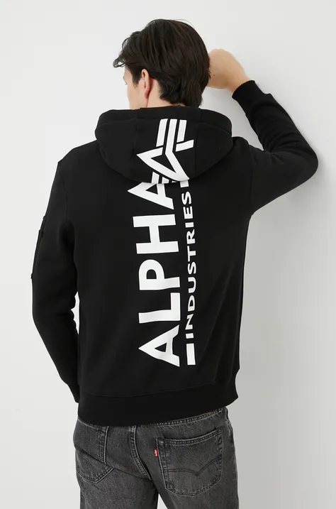 Mikina Alpha Industries pánska, čierna farba, s kapucňou, s potlačou