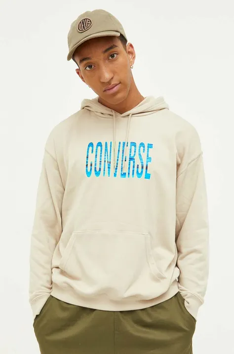 Converse bluza męska kolor beżowy z kapturem z nadrukiem