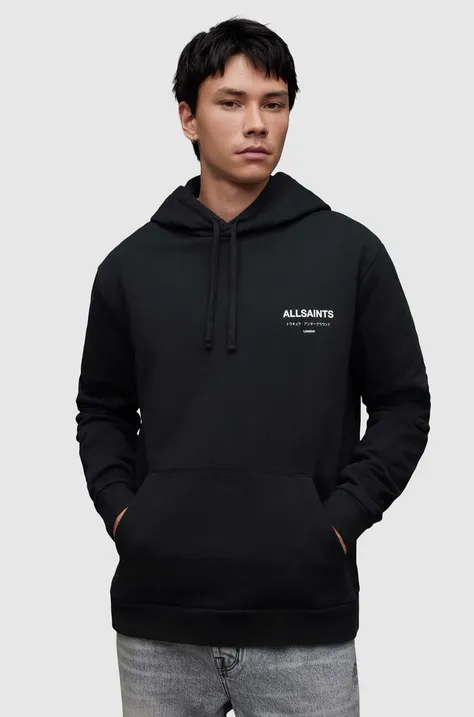 Bombažen pulover AllSaints moška, črna barva, s kapuco