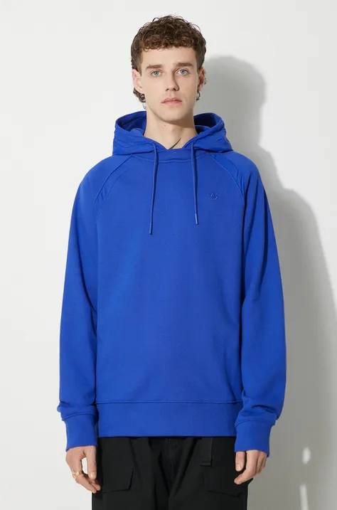 Памучен суичър adidas Originals Premium Essentials Crinkle Nylon Hoodie в синьо с качулка с изчистен дизайн