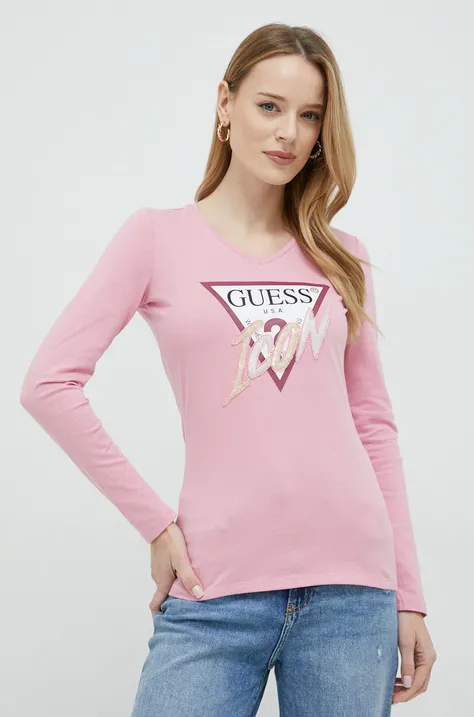 Βαμβακερή μπλούζα με μακριά μανίκια Guess χρώμα: ροζ