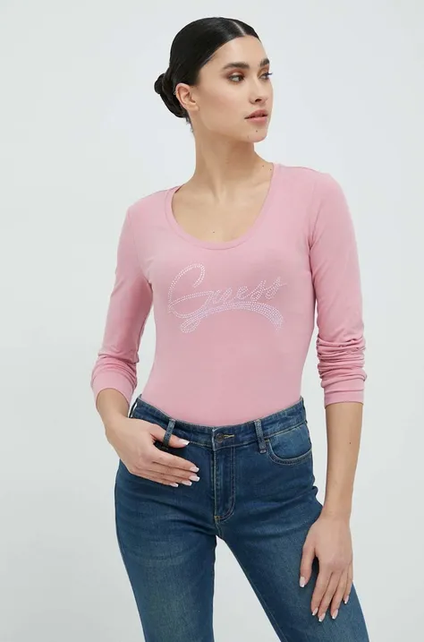 Majica z dolgimi rokavi Guess ženski, roza barva