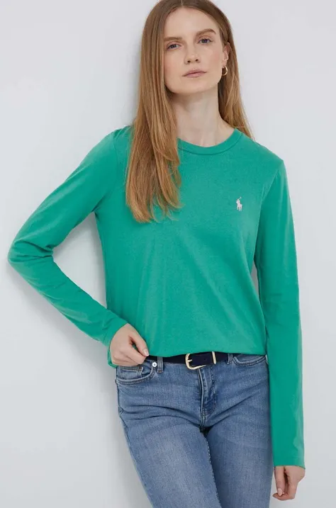 Bombažna majica z dolgimi rokavi Polo Ralph Lauren zelena barva