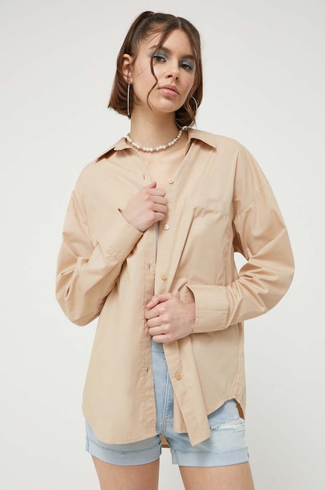 Abercrombie & Fitch camasa femei, culoarea maro, cu guler clasic, relaxed