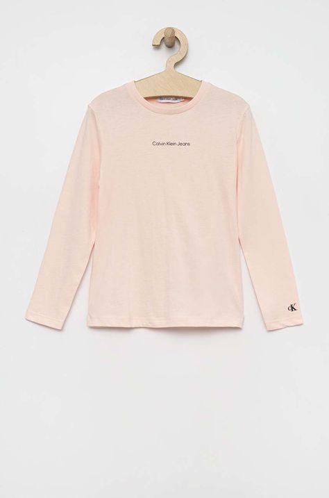 Otroška bombažna majica z dolgimi rokavi Calvin Klein Jeans roza barva