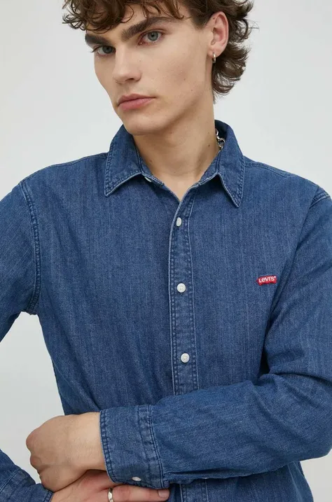 Levi's camasa jeans barbati, culoarea albastru marin, cu guler clasic, slim
