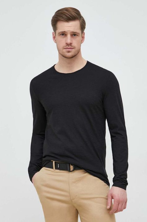 Βαμβακερή μπλούζα με μακριά μανίκια United Colors of Benetton χρώμα: μαύρο