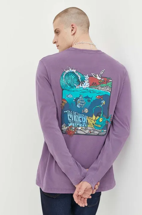 Bavlnené tričko s dlhým rukávom Superdry fialová farba, s potlačou