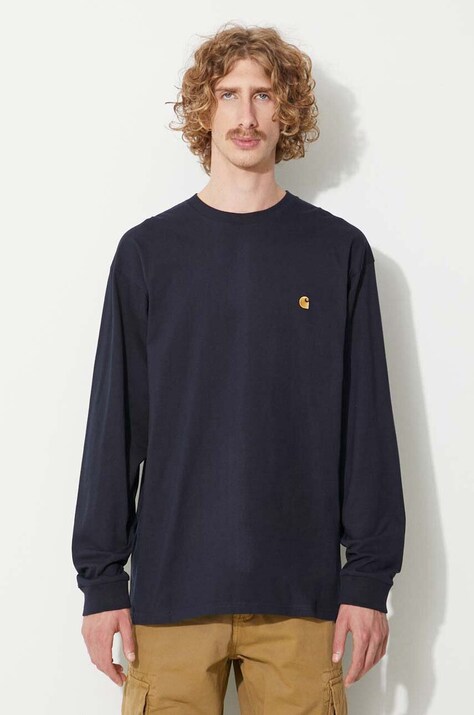 Carhartt WIP longsleeve din bumbac culoarea bleumarin, uni