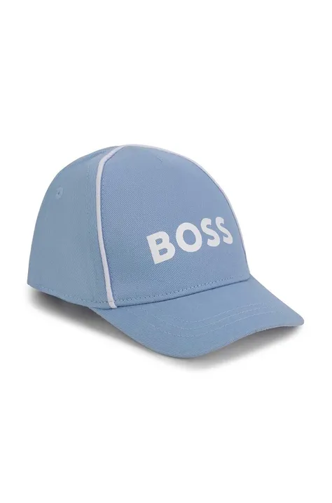 Детска памучна шапка BOSS в синьо с апликация