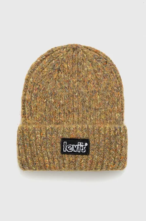 Levi's czapka z domieszką wełny kolor żółty z grubej dzianiny