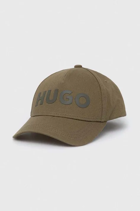 HUGO czapka z daszkiem bawełniana kolor zielony z aplikacją