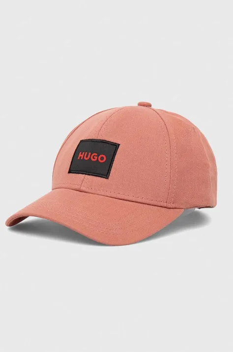 HUGO czapka z daszkiem bawełniana kolor różowy z aplikacją