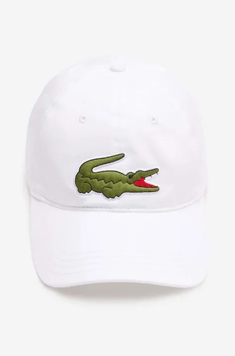 Памучна шапка с козирка Lacoste в бяло с апликация