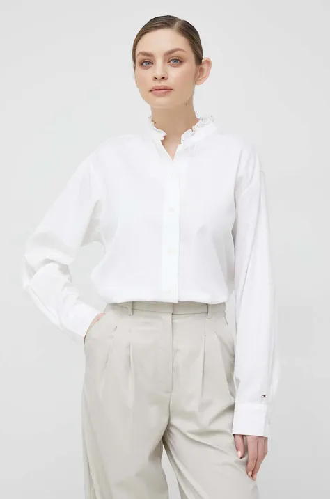 Bavlnená košeľa Tommy Hilfiger dámska, biela farba, voľný strih, so stojačikom