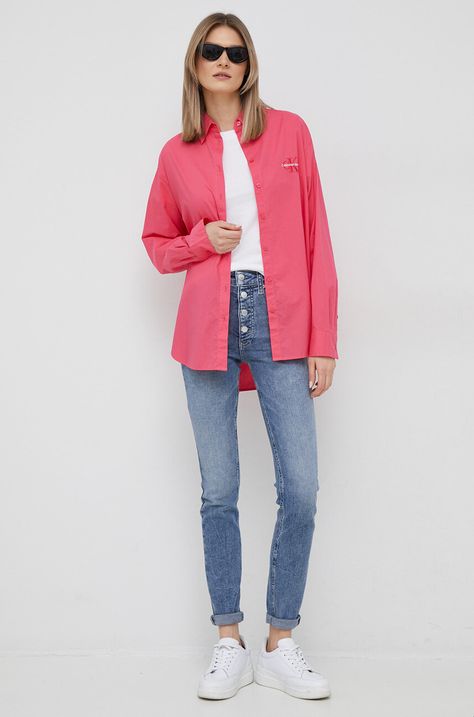 Памучна риза Calvin Klein Jeans дамска в розово със свободна кройка с класическа яка