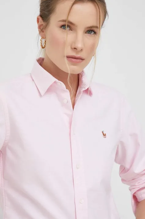 Памучна риза Polo Ralph Lauren дамска в розово със стандартна кройка с класическа яка 211891377