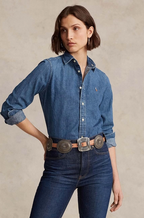 Polo Ralph Lauren cămașă jeans femei, culoarea bleumarin, cu guler clasic, regular 211899526