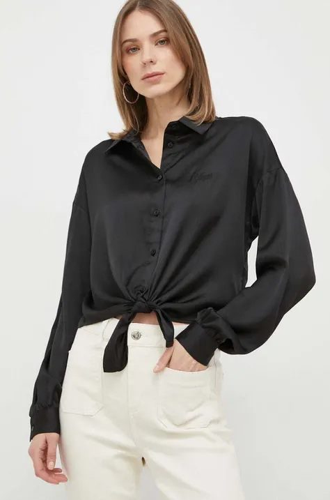 Košeľa Guess BOWED JUN dámska, čierna farba, voľný strih, s klasickým golierom, W3GH93 WD8G2