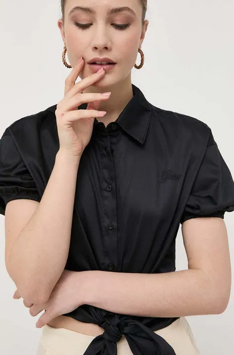 Košeľa Guess dámska, čierna farba, voľný strih, s klasickým golierom
