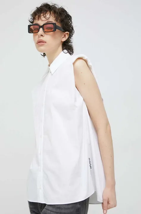 HUGO koszula bawełniana damska kolor biały regular z kołnierzykiem klasycznym