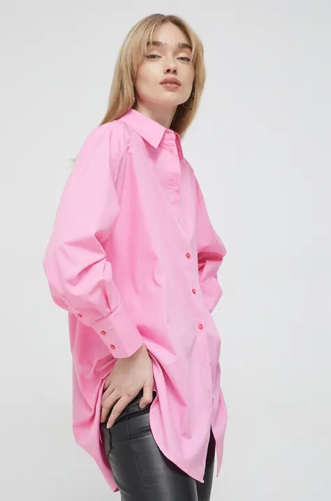 Bavlnená košeľa HUGO dámska, ružová farba, voľný strih, s klasickým golierom