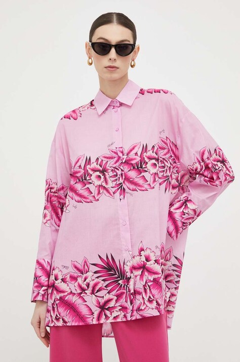 Pinko camasa din bumbac femei, culoarea roz, cu guler clasic, relaxed