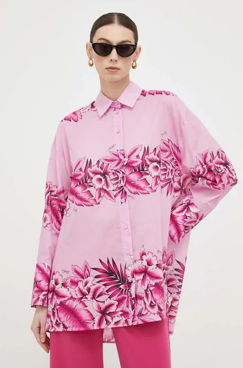 Памучна риза Pinko дамска в розово със свободна кройка с класическа яка