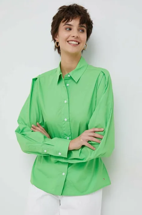 Pamučna košulja Tommy Hilfiger za žene, boja: zelena, regular, s klasičnim ovratnikom