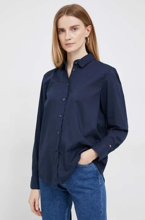 Bavlnená košeľa Tommy Hilfiger dámska, tmavomodrá farba, voľný strih, s klasickým golierom