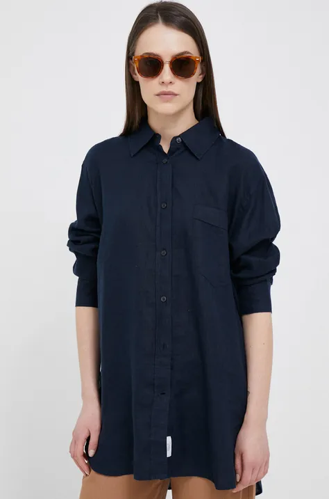 Lanena košulja Tommy Hilfiger za žene, boja: tamno plava, relaxed, s klasičnim ovratnikom