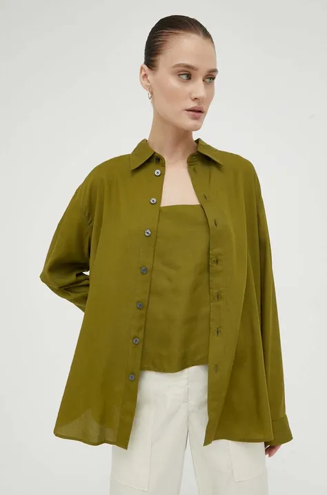 Košeľa G-Star Raw dámska, zelená farba, voľný strih, s klasickým golierom