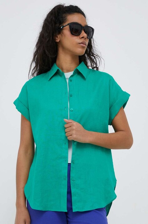 Lauren Ralph cămașă de in culoarea verde, cu guler clasic, relaxed 200699152