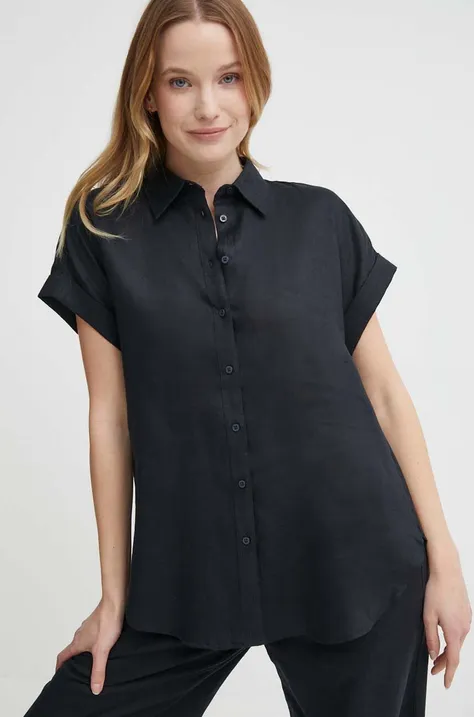 Ľanová košeľa Lauren Ralph Lauren čierna farba, voľný strih, s klasickým golierom
