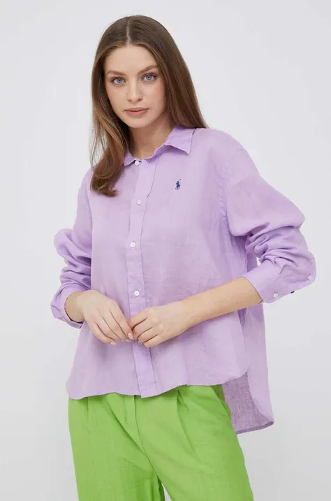 Πουκάμισο από λινό Polo Ralph Lauren χρώμα: μοβ