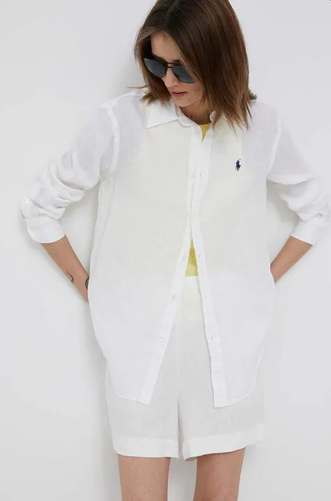 Lanena srajca Polo Ralph Lauren bela barva