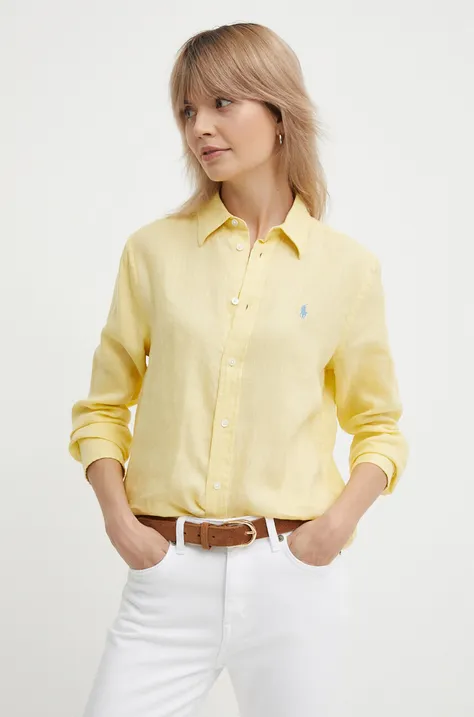Ľanová košeľa Polo Ralph Lauren žltá farba, regular, s klasickým golierom