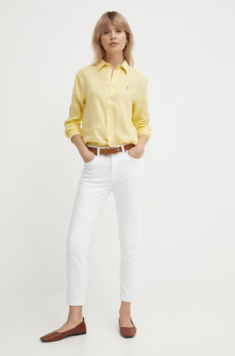 Polo Ralph Lauren koszula lniana kolor żółty regular z kołnierzykiem klasycznym
