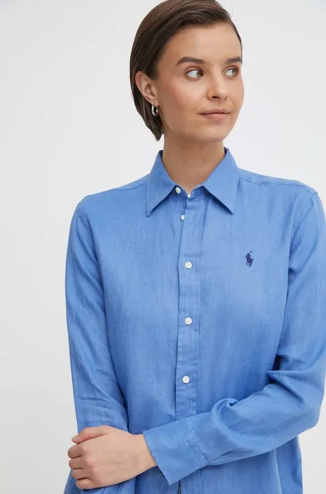 Льняная рубашка Polo Ralph Lauren цвет бирюзовый regular классический воротник