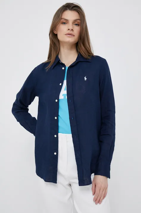 Lanena srajca Polo Ralph Lauren mornarsko modra barva