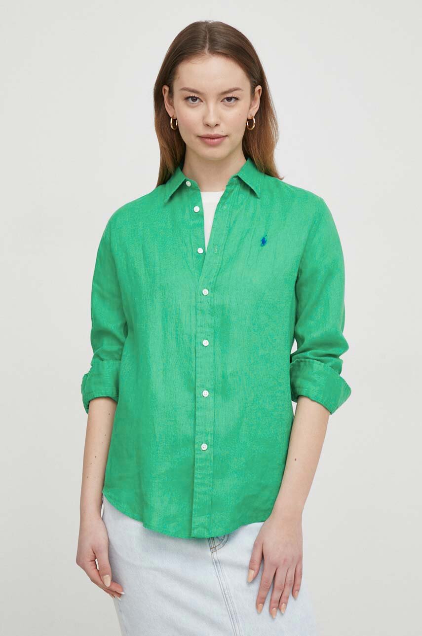 Polo Ralph Lauren cămașă de in culoarea verde, cu guler clasic, regular 211920516