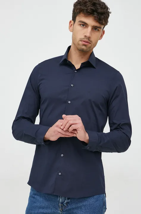 Риза Calvin Klein мъжка в тъмносиньо с кройка по тялото с класическа яка
