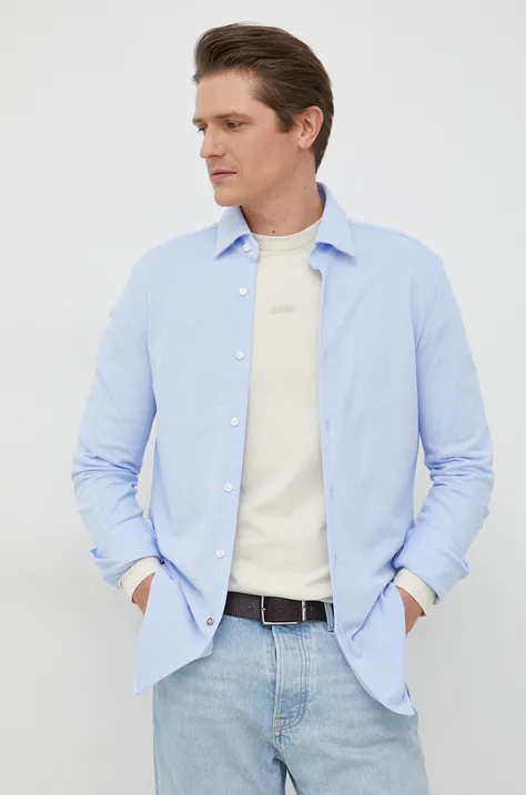 Памучна риза BOSS мъжка в синьо със стандартна кройка с класическа яка