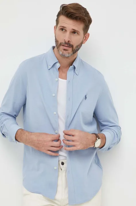 Памучна риза Polo Ralph Lauren мъжка в синьо със стандартна кройка с яка копче 710654408