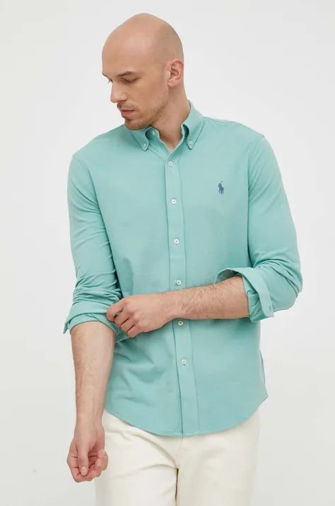 Pamučna košulja Polo Ralph Lauren za muškarce, boja: zelena, regular, o button-down ovratnikom
