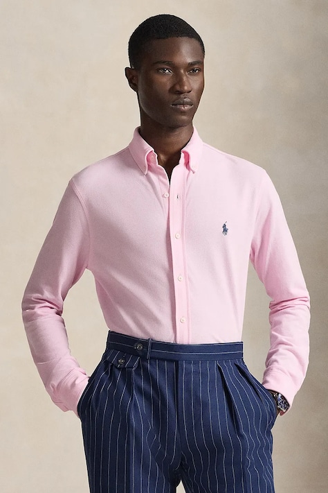 Polo Ralph Lauren cămașă pentru bărbați din bumbac roz simplă 710654408